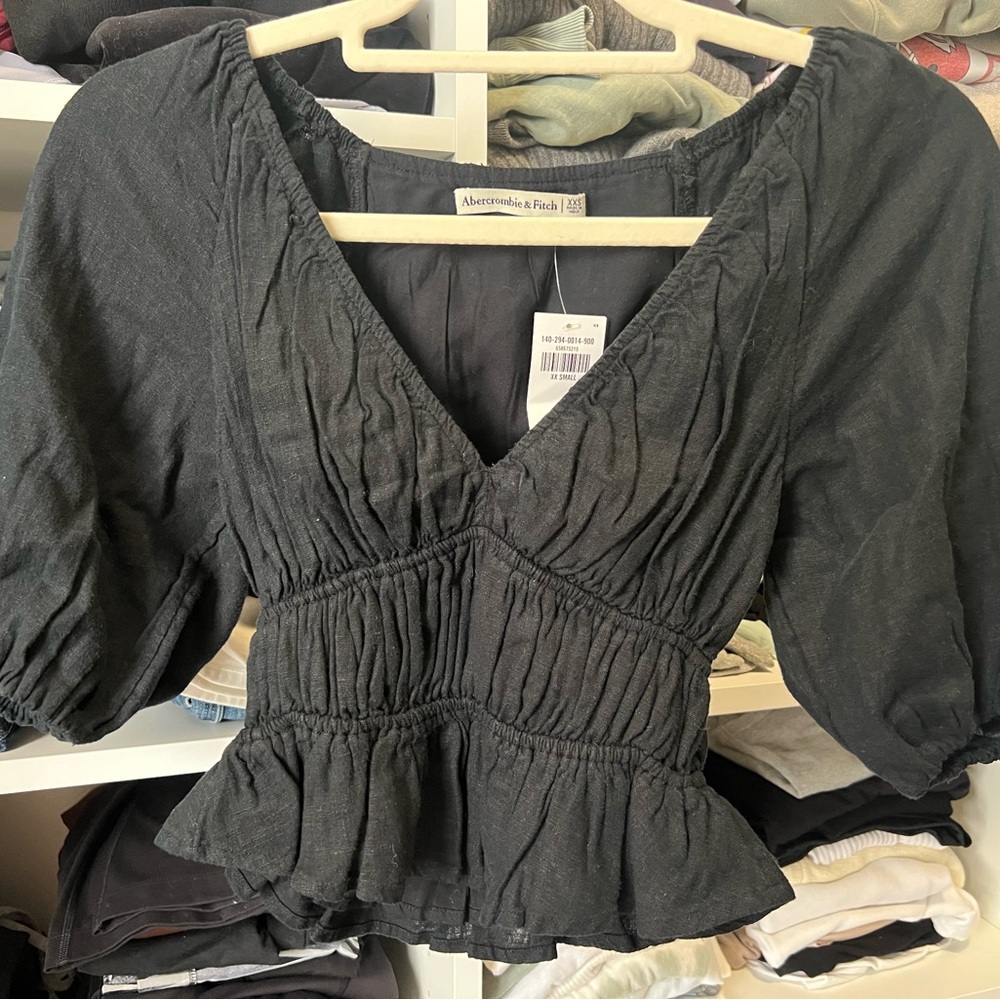 Abercrombie & Fitch Short-Sleeve Linen-Blend Babydoll Top - Picture 2 of 5